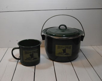 Vintage Field and Stream Green Enamel Collectibles, Cup, Stockpot