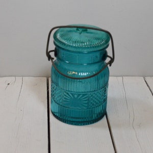 Vintage Avon Turquoise Embossed Glass Canister Jar image 1