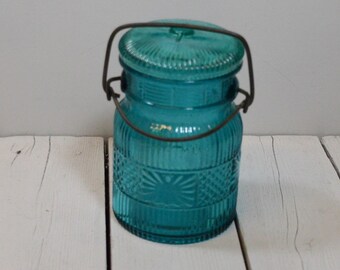 Vintage Avon Turquoise Embossed Glass Canister Jar