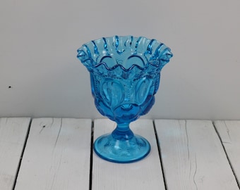 Vintage Moon and Stars Aqua Turquoise Blue Pedestal Decorative Dish Bowl