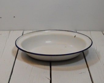 Vintage Enamel Oval White Blue Tray Dish