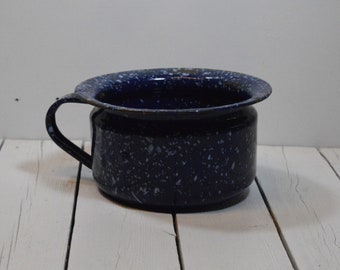 Vintage Enamel Blue White Speckled Pot with Handle