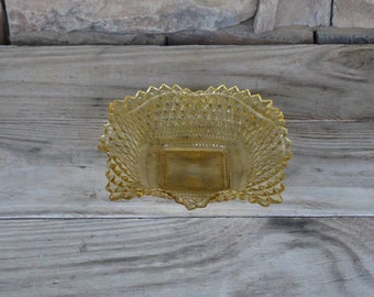 Vintage Diamond Cut, Yellow Amber Glass Candy Trinket Dish