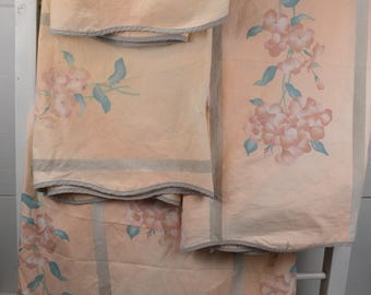 Vintage Peach Gray Floral Hydrangea JcPenny Twin Sheet Set