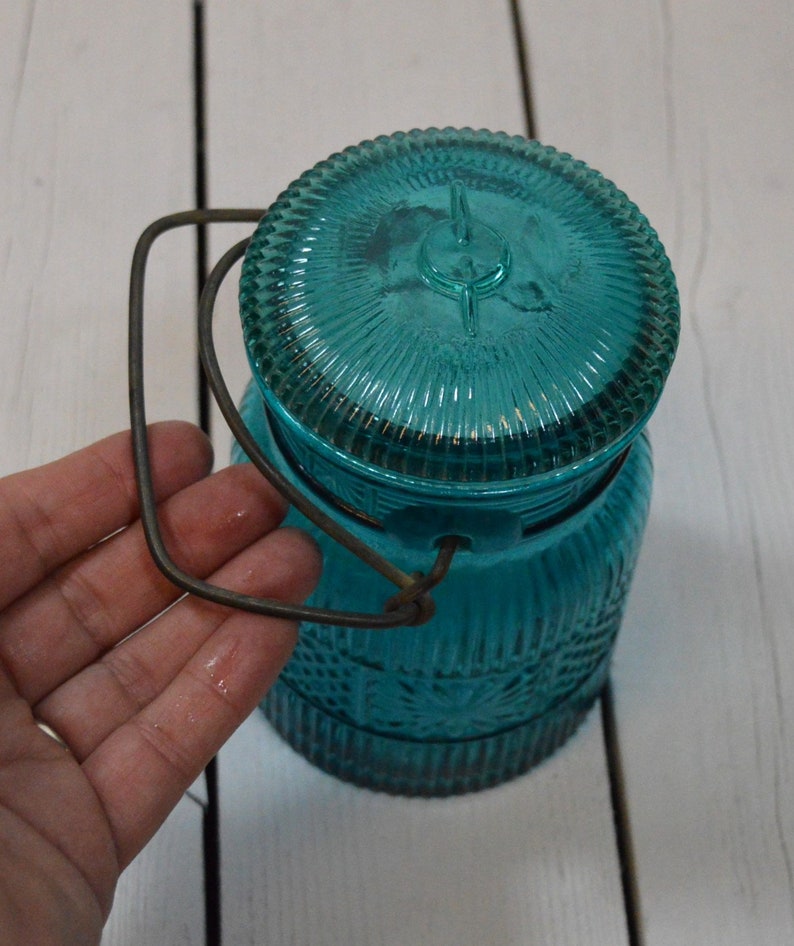 Vintage Avon Turquoise Embossed Glass Canister Jar image 4