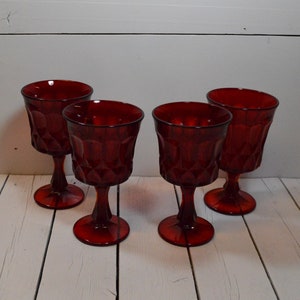 Vintage Ruby Red Arlington Red Amberina Thumbprint Pedestal Drinking Glasses, Set of 4