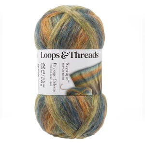 May include: A skein of Loops & Threads Skyscape acrylic blend yarn in a mix of colors including blue, green, and orange. The label reads "Paysage Céleste" and indicates 262 yards / 3.5 oz (240 m / 100 g).