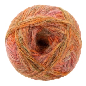 May include: A ball of yarn in shades of orange, pink, and green. The yarn appears to be a blend of fibers, with a slightly fuzzy texture. The ball is tightly wound, with visible strands creating a textured surface. Ideal for knitting or crocheting projects.