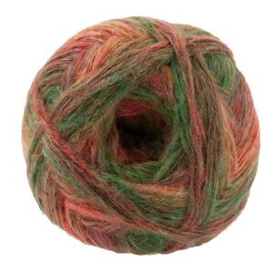 May include: A ball of yarn in shades of green, orange, and brown. The yarn is tightly wound, with visible strands creating a textured appearance. Ideal for knitting or crocheting projects.
