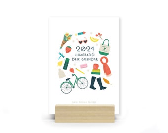 50% OFF : 2024 Monthly Icons Desk Calendar | Wooden Stand | Illustrations