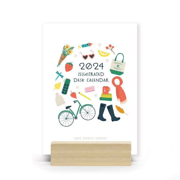 50% OFF : 2024 Monthly Icons Desk Calendar | Wooden Stand | Illustrations