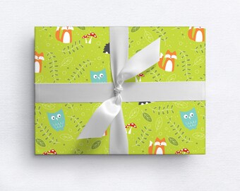 CLEARANCE Woodland Animals Gift Wrap | Birthday | Everyday | Kids | Fox | Owl | Hedgehog