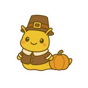 May include: A yellow cartoon caterpillar wearing a brown pilgrim hat and jacket with a white collar. The caterpillar is smiling and has a small orange pumpkin next to it. The sticker is a cute Thanksgiving or autumn-themed design.