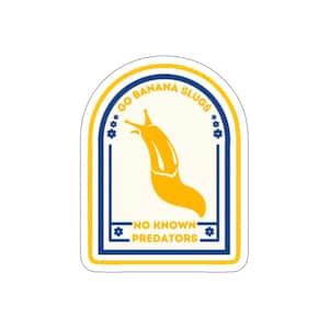 May include: A yellow and blue sticker with a yellow banana slug and the text "Go Banana Slugs" and "No Known Predators".
