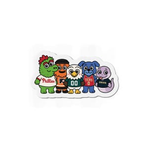 Könnte beinhalten: Ein Aufkleber mit fünf Cartoon-Maskottchen. Die Maskottchen sind ein grünes Wesen mit einem Phillies-Trikot, ein orangefarbenes Wesen, ein weißer Adler mit einem 00-Trikot, ein blauer Hund mit einem 7ers-Trikot und eine lila Schlange mit einem Union-Trikot.