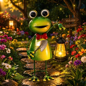 May include: A whimsical metal frog garden statue, holding a lantern and a small shovel. The frog is painted green and yellow, with a red bow tie. The statue is set in a garden with a "Welcome To Our Garden" sign.