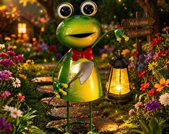 Solar Frog Garden Statue with Lantern, 13.78" Metal Outdoor Decor, Yard Stake Light