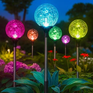 May include: A collection of colorful, illuminated garden stake lights. Each light features a crackled glass globe in shades of pink, orange, blue, green, purple, and yellow. The lights are set in a garden with flowers and foliage.