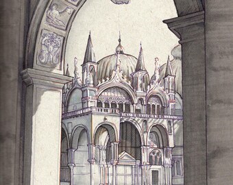 May include: A detailed pen and ink drawing of a cathedral, viewed through an archway. The cathedral features multiple domes and spires, with intricate architectural details. The archway is decorated with carvings.