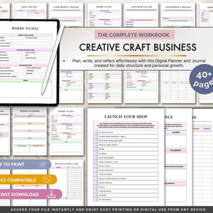 May include: A digital workbook titled "Creative Craft Business" with pages for planning and journaling. The image includes a tablet with a stylus, and the text "Easy to Print," "Device Compatible," and "Instant Download."