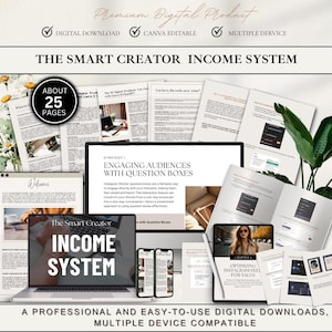 Puede incluir: Un producto digital llamado "The Smart Creator Income System" con el texto "About 25 Pages". La imagen muestra una computadora portátil, una tableta y teléfonos inteligentes que muestran el contenido del producto. Descarga digital profesional y fácil de usar.
