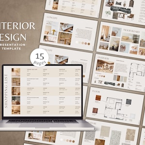 May include: A laptop displaying an interior design presentation template with the text "INTERIOR DESIGN PRESENTATION TEMPLATE" and "SHOPPING LIST". The presentation includes mood boards, floor plans, and concept designs. The presentation has 15 pages.