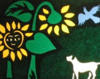 May include: A green and yellow sunflower with a smiling face, two other sunflowers, a white dog, and a blue bird on a green background.