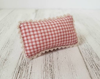 Fits SMALL Bed - Miniature Headboard Pillow - Tiniest Pink Gingham