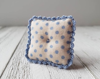 Fits MEDIUM Bed - Miniature Throw Pillow - Blue Dots on Ivory