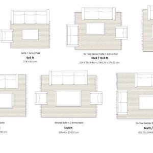 May include: Diagrams of various living room layouts, including two-seater sofas, armchairs, and sectionals. Dimensions are provided in feet and inches, such as 8x5 ft and 12x9 ft. The layouts are displayed on a neutral rug.