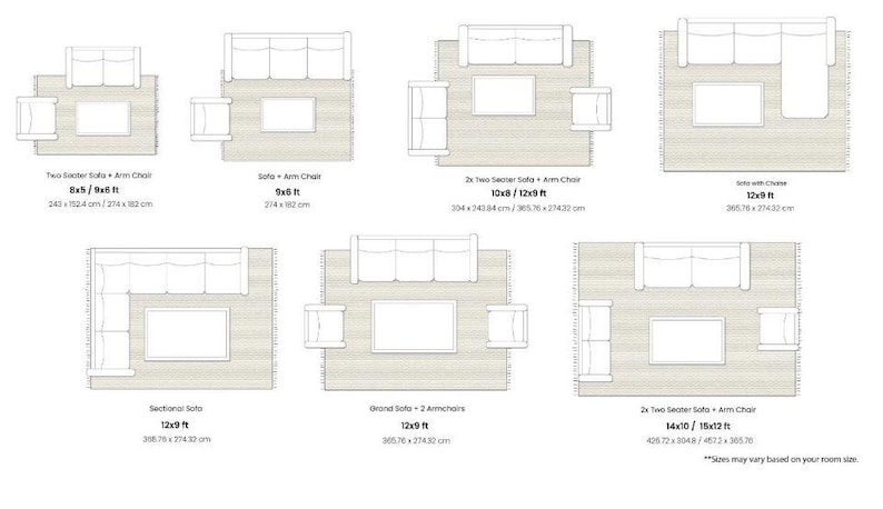 May include: Diagrams of various living room layouts, including two-seater sofas, armchairs, and sectionals. Dimensions are provided in feet and inches, such as 8x5 ft and 12x9 ft. The layouts are displayed on a neutral rug.