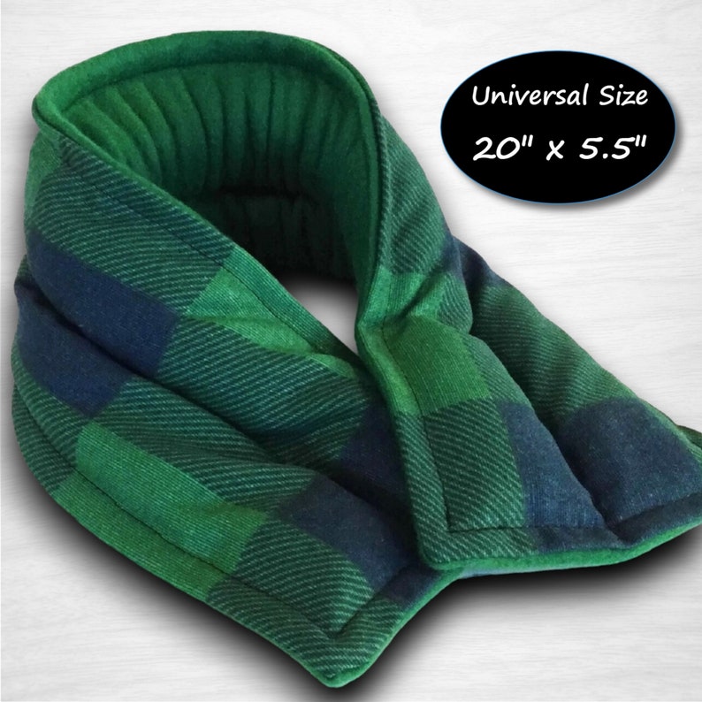 A green and blue plaid heating pad neck wrap. The neck wrap is made of soft fabric and has a universal size of 20 inches by 5.5 inches. The text 'Universal Size 20' x 5.5' is printed on a black circle in the upper right corner of the image.