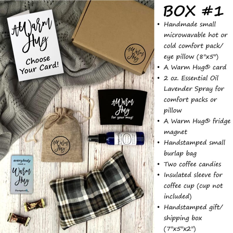 May include: A gift box set with the theme "Warm Hug" includes a small microwavable hot or cold comfort pack, a card, essential oil spray, a burlap bag, coffee candies, a coffee cup sleeve, and a handstamped gift box. The comfort pack is 8 inches by 5 inches. The gift box is 7 inches by 5 inches by 2 inches.