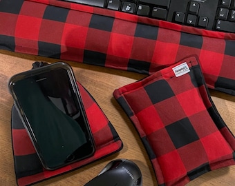 Wrist Rest Keyboard Mouse, Bean Bag Phone Stand:  Red Plaid Holiday Desk Set Coworker Boss