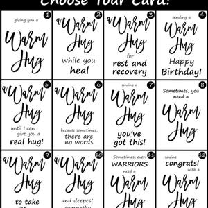 May include: Twelve black and white cards with the text "Warm Hug" and different messages. The cards are numbered 1 through 12.
