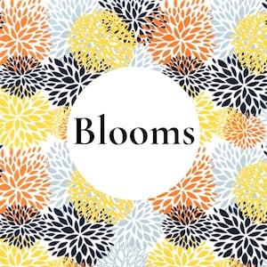 May include: A repeating pattern of stylized flower shapes in shades of orange, yellow, navy blue, and light gray. A large white circle is centered over the pattern, containing the black text "Blooms" in a serif font, covering the floral design.