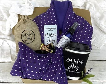 Cozy Purple Gift Box for Women, Birthday Basket, Thank You Friend, Relax Microwavable Heat Packs, Lavender Spray, A Warm Hug Self Care
