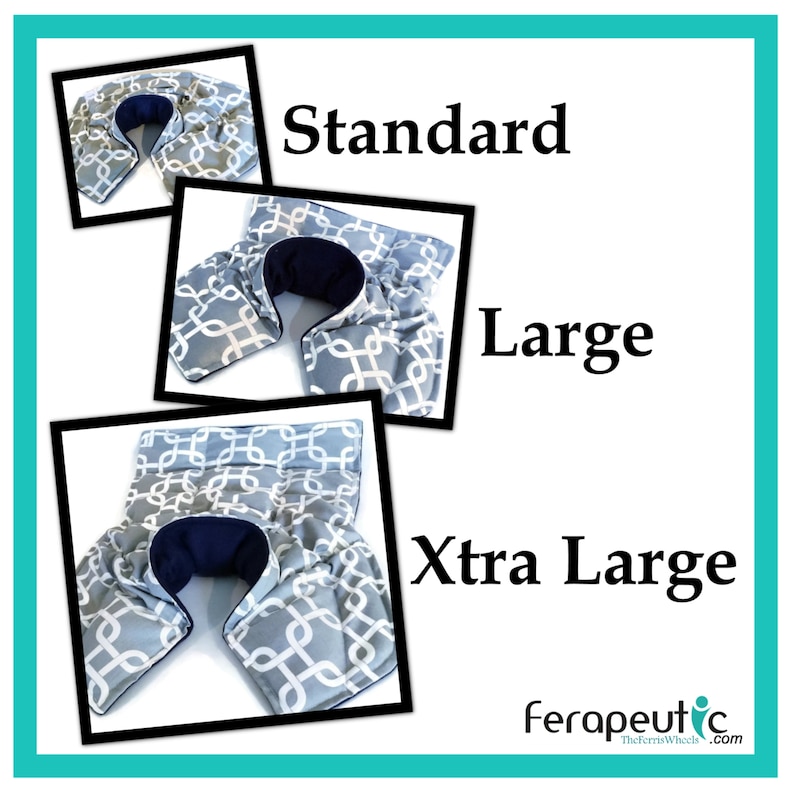 Three neck and shoulder heat pads that also work as ice packs in different sizes. The microwavable hot packs are gray with a white geometric pattern. The ice packs are labeled 'Standard', 'Large', and 'Xtra Large'.
