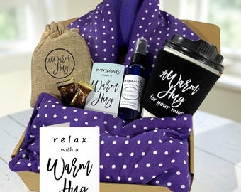 Cozy Purple Gift Box for Women, Birthday Basket, Thank You Friend, Relax Microwavable Heat Packs, Lavender Spray, A Warm Hug Self Care
