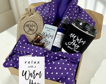Cozy Purple Gift Box for Women, Birthday Basket, Thank You Friend, Relax Microwavable Heat Packs, Lavender Spray, A Warm Hug Self Care