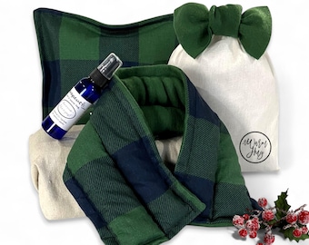 Green Plaid a Warm Hug Gift Set: Microwave Neck Wrap, Heat Pack & Spritzer – Holiday, Get Well, Thinking of You Gift for Him or Her