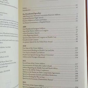 May include: A book titled "Contents" with a table of contents listing speeches given by a former president. The table of contents lists speeches from 2009 to 2012.