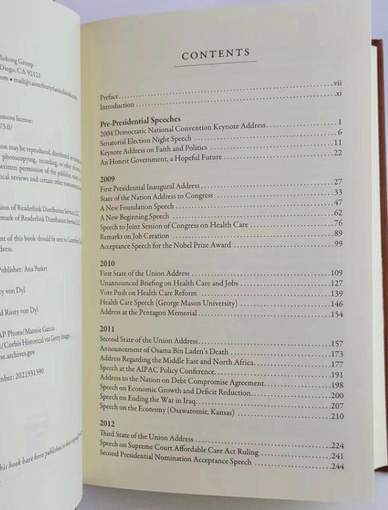 May include: A book titled "Contents" with a table of contents listing speeches given by a former president. The table of contents lists speeches from 2009 to 2012.