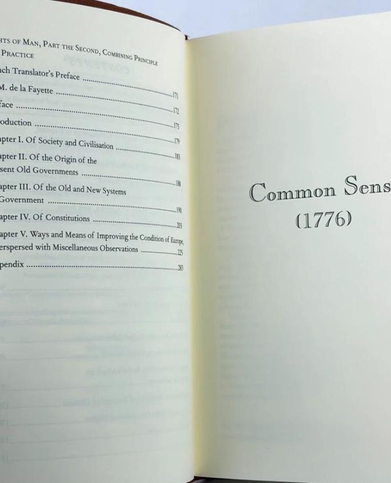 May include: An open book with text. The left page has a list of chapter titles and page numbers. The right page shows "Common Sense (1776)" in black font. The book has a brown cover and cream-coloured pages.