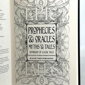 May include: Open book with the title "Prophecies & Oracles Myths & Tales" in a decorative frame. The book's cover features the word "EPIC" in large letters above the title, with the publisher's name at the bottom.