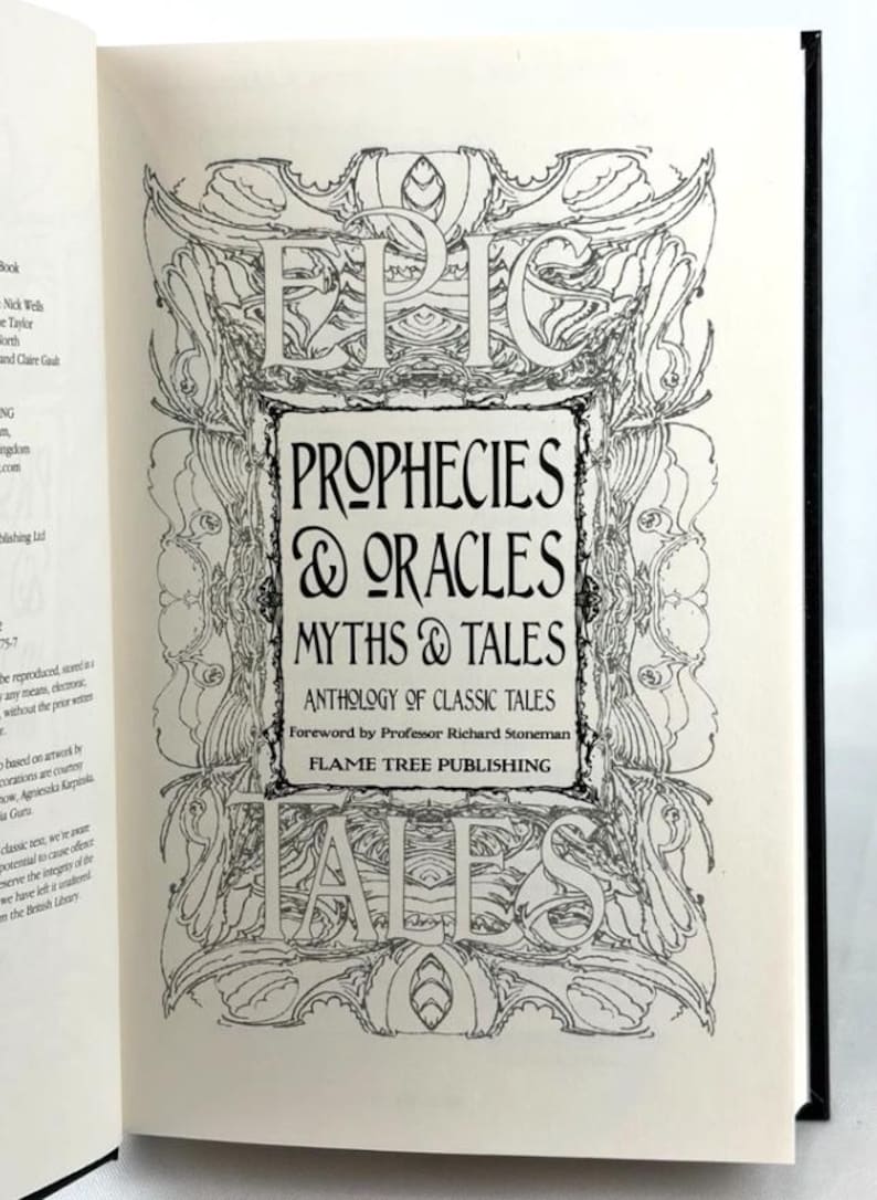 May include: Open book with the title "Prophecies & Oracles Myths & Tales" in a decorative frame. The book's cover features the word "EPIC" in large letters above the title, with the publisher's name at the bottom.