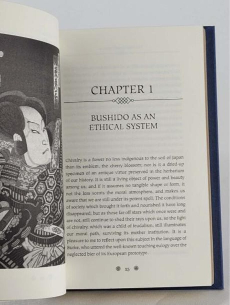May include: A black and white illustration of a samurai warrior in traditional Japanese clothing. The text "Chapter 1: Bushido as an Ethical System" is printed above the illustration.