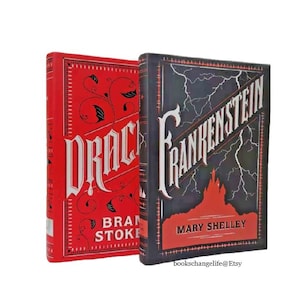 May include: Two hardcover books, one red with the title "Dracula" by Bram Stoker, and one black with the title "Frankenstein" by Mary Shelley.