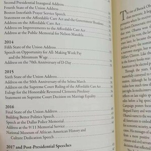 May include: A page from a book listing speeches given by Barack Obama during his presidency. The page lists speeches from 2013 to 2017, including the State of the Union addresses, speeches on the Affordable Care Act, and a speech at the Sandy Hook Elementary School Interfaith Prayer Vigil.