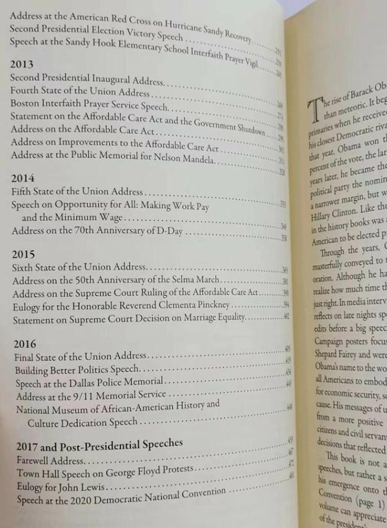 May include: A page from a book listing speeches given by Barack Obama during his presidency. The page lists speeches from 2013 to 2017, including the State of the Union addresses, speeches on the Affordable Care Act, and a speech at the Sandy Hook Elementary School Interfaith Prayer Vigil.